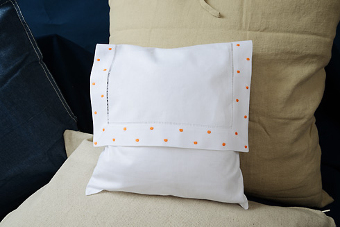 Hemstitch Baby Envelope Pillow 12"x12" Orange color Polka Dots - Click Image to Close